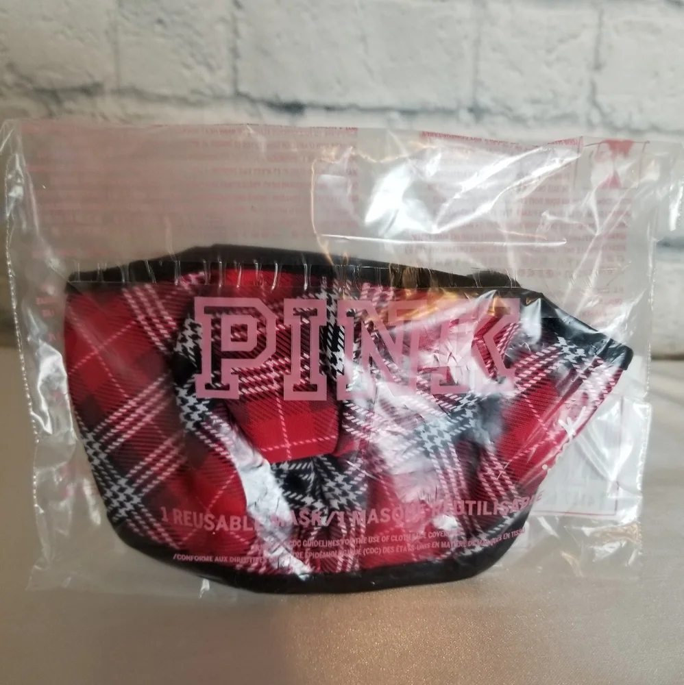 PINK Victoria's Secret Plaid Reusable Face Mask Adjustable Red Black Design New